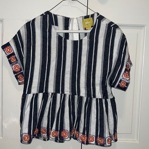 Anthropologie Maeve Vieques Embroidered Striped Peplum Top Size Medium